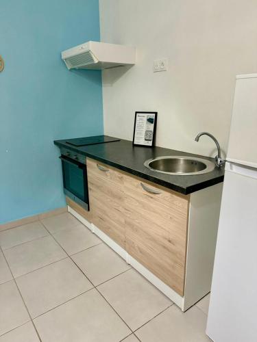 a small kitchen with a sink and a refrigerator at Le Sunshine - Au cœur du centre ville de Pointe- à- Pitre - Proche de tout avec sa grande terrasse ensoleillée in Pointe-à-Pitre