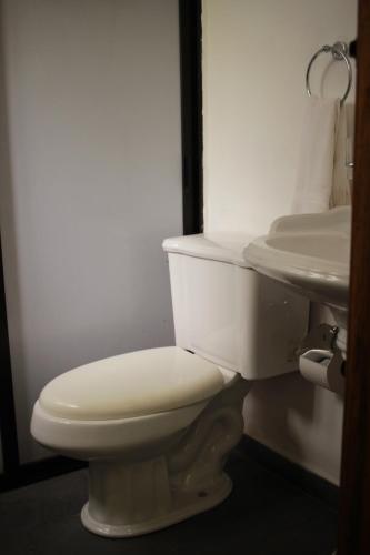 a bathroom with a white toilet and a sink at habitación en medio de la naturaleza in Zacatlán