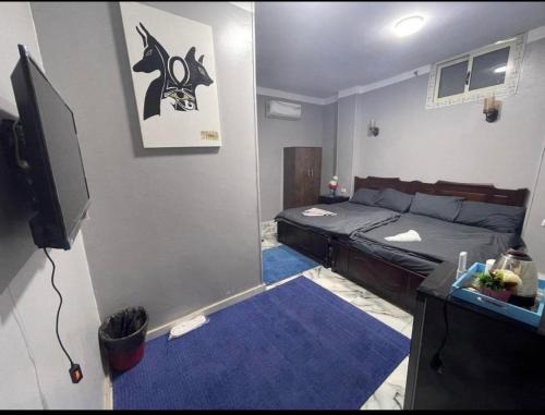 Cette petite chambre comprend un lit et une télévision. dans l'établissement City pyramids inn, au Caire
