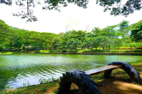 a bench in a park next to a lake at PICO DE LORO Beach Walking Distance MIRANDA 1 Bedroom Units by SEE Condominiums in Cutad