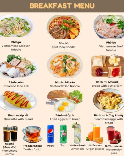 a menu of food items from the breakfast menu at Aaron Boutique Hotel in Nha Trang