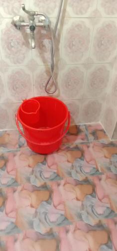 a red bowl on a floor with pink roses at Two BHK Fully Furnished Flat - Near Charminar and Salar Jung Museum in Hyderabad