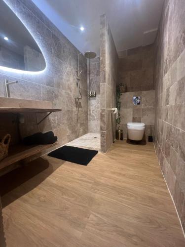a bathroom with a shower and a sink and a toilet at Logement entier, Studio 131, à Sarlat centre, avec spa, parking privé et à 15min à pied de la cité médiévale in Sarlat-la-Canéda