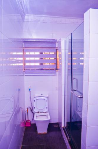 a white bathroom with a toilet and a shower at Owee Hotel Apartment and Suites in Lagos