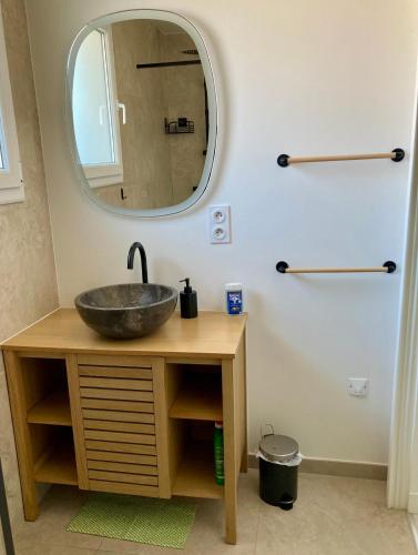une salle de bain avec un lavabo et un miroir dans l'établissement Havre cosy et familial, garage, centre ville, dans la cité des Potiers, à Vallauris