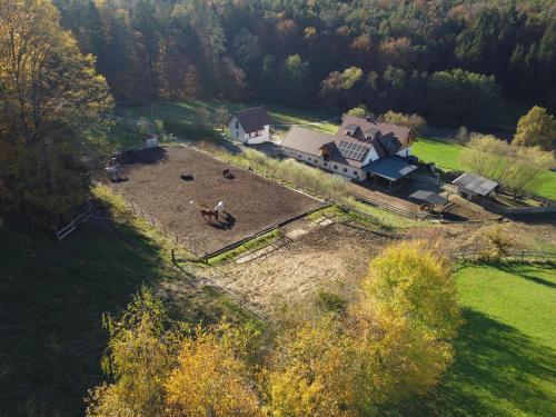 an aerial view of a house with a farm at Tipi-Glamping am Gut Kunterbunt in Kaindorf