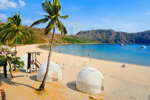 a beach with a palm tree and a tent on it at PICO DE LORO Pool Accessible CAROLA 2 Bedroom Units by SEE Condominiums in Nasugbu
