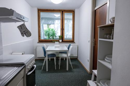 a kitchen with a table and chairs and a window at Dragons Dream Hostel in Ljubljana