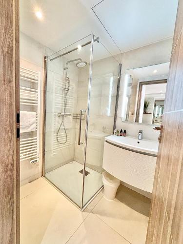 une salle de bain avec une douche en verre et un lavabo dans l'établissement Cannes appartement 3 chambres - 8D, à Cannes