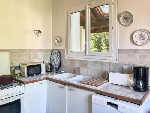 a kitchen with a sink and a microwave at Villa arborée aux Portes de Paris in Bobigny