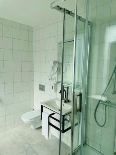 a bathroom with a shower and a sink and a toilet at Hotel Charlton in Hannover