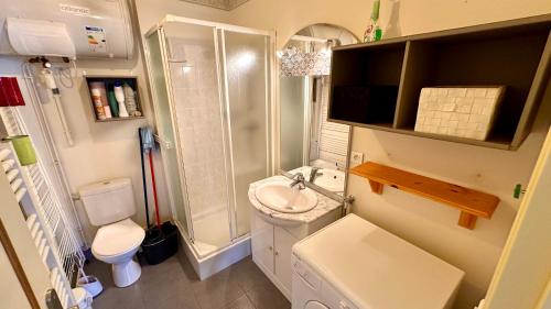 une petite salle de bain avec toilettes et lavabo dans l'établissement LBonheur au Sancy 4 à 6 pers, à Le Mont-Dore