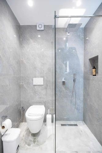 a bathroom with a toilet and a glass shower at Villa The Old Bakery in Qeparo