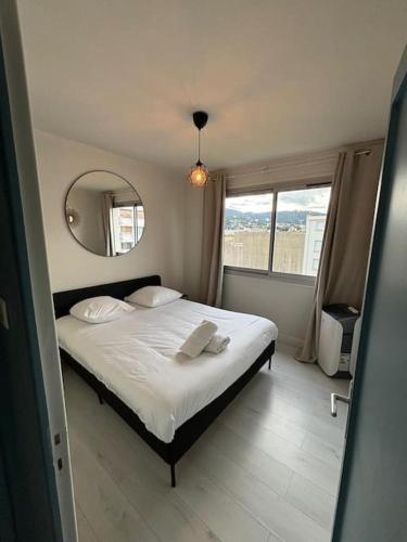 une chambre avec un grand lit et un miroir dans l'établissement Hyper-centre Ville avec Parking, à Clermont-Ferrand
