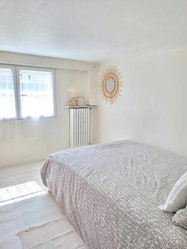 une chambre avec un lit et un miroir au mur dans l'établissement COSY 2 pièces à Sartrouville au Centre à 500m de la gare, à Sartrouville
