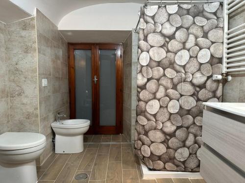 a bathroom with a toilet and a rock shower curtain at Casa Ludovica Trastevere in Rome