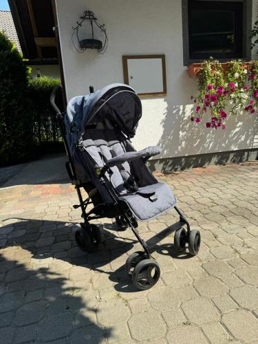 a baby stroller sitting on a brick walkway at Angerpartments-Sonnige große Wohnung mit Balkon und kostenlosen Parkplatz in Döbriach