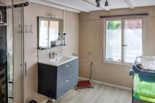 une salle de bain avec un lavabo et une fenêtre dans l'établissement Maison familiale accueillante à Longvilliers avec grand jardin, à Longvilliers