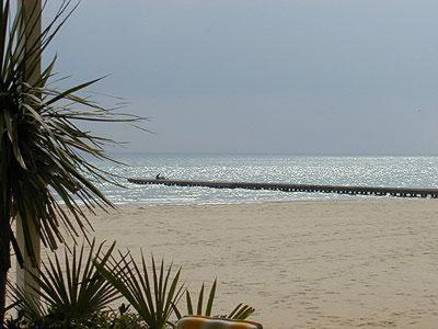a view of a beach with a pier in the water at Hotel Garni Tosca in Lido di Jesolo