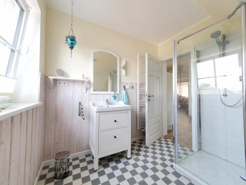 a bathroom with a sink and a shower at Haus Nordlicht in Horn-Bad Meinberg