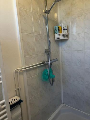 une douche avec pommeau de douche dans une salle de bain dans l'établissement L'ancre marine, à Berck-sur-Mer