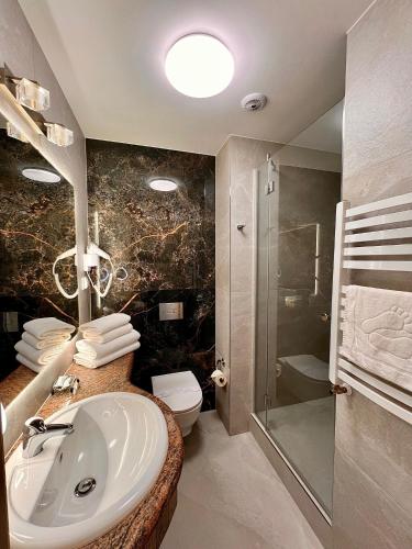 a bathroom with a sink and a shower and a toilet at Papuga Park Hotel Wellness Marrakesz & SPA in Bielsko-Biala