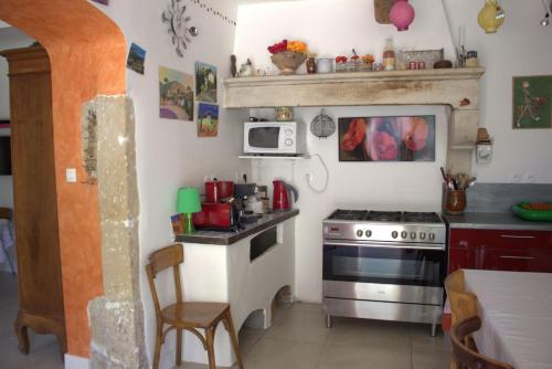une petite cuisine avec une cuisinière et un micro-ondes dans l'établissement Chez Germaine, à Les Granges-Gontardes