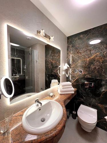 a bathroom with a sink and a toilet and a mirror at Papuga Park Hotel Wellness Marrakesz & SPA in Bielsko-Biala