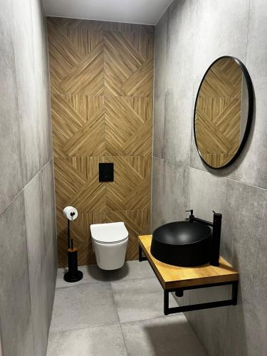 a bathroom with a toilet and a round mirror at Dom w lesie przy stawach in Dylewo