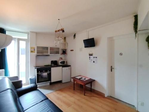 un salon avec un canapé et une cuisine dans l'établissement Appartement T3 N4 Appartement Hôtel Combes, à Amélie-les-Bains-Palalda