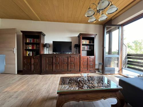 a living room with a tv and a coffee table at Ferienwohnung Hexenstieg in Sankt Andreasberg
