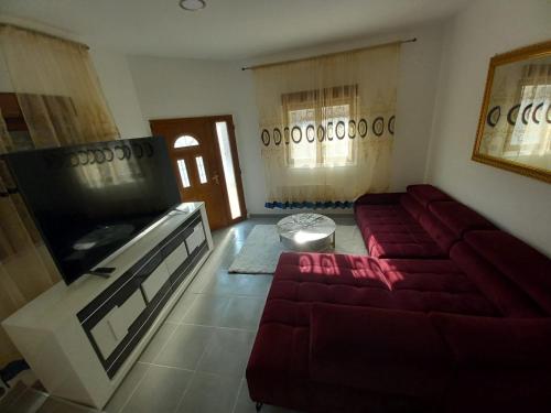 a living room with a couch and a tv at Les jardins secrets in Romilly-sur-Seine