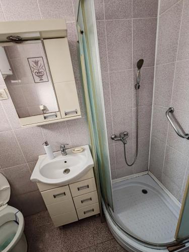a bathroom with a shower and a sink and a toilet at Happy house in Kruševac