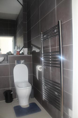 a bathroom with a toilet and a sink and a shower at Flat 405 One bedroom apartment in Birmingham