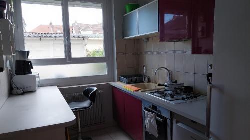 une petite cuisine avec un évier et une cuisinière dans l'établissement Seine-Impressionnisme, à Oissel