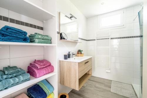 a bathroom with a sink and a shower at Maison Ker Morin La Gacilly in La Gacilly