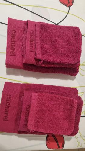 dwa różowe ręczniki leżą na stole w obiekcie Hibiscus et Miro w mieście Ducos