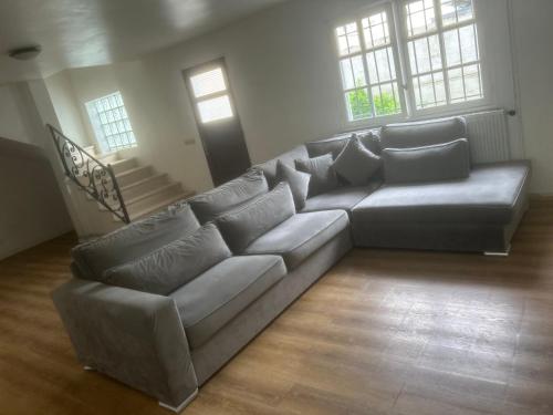 - un salon avec un canapé-lit et des fenêtres dans l'établissement Le Aulnay, à Aulnay-sous-Bois