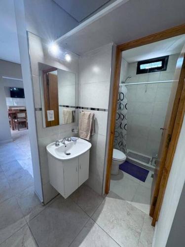 a bathroom with a sink and a shower and a toilet at Casa Pepe & Loli in La Cieneguita