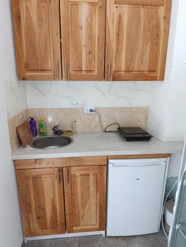 a kitchen with a sink and a white refrigerator at Marija in Gacko
