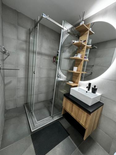 un baño con ducha y lavabo en MAR Residence 14, en Niš