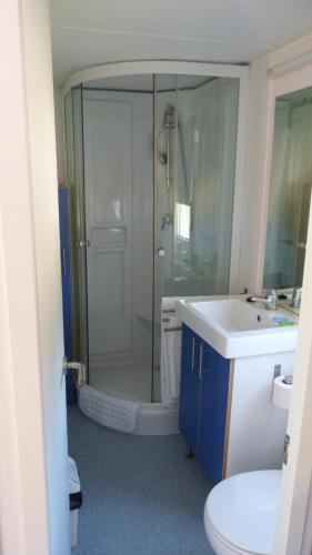 a bathroom with a shower and a toilet and a sink at Parque de Campismo Orbitur Sagres in Sagres