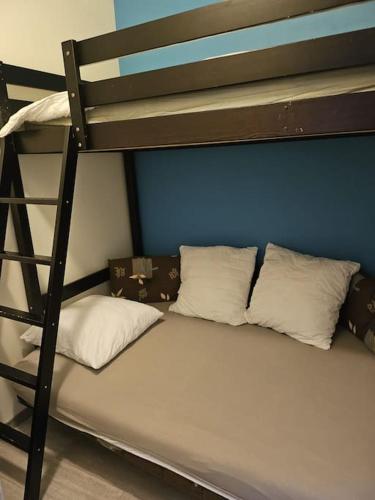 - un lit superposé avec deux oreillers et une échelle dans l'établissement Charmant appartement centre ville proche thermes, à La Bourboule