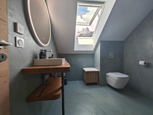 a bathroom with a sink and a mirror and a toilet at La Fruitière de Vérel, logements modulables neufs, calmes, entre lac et montagne, max 11 personnes in Rovagny