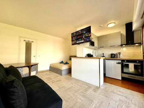 un salon avec un canapé et une cuisine dans l'établissement Cannes Plaza By SCLS Locations, à Cannes