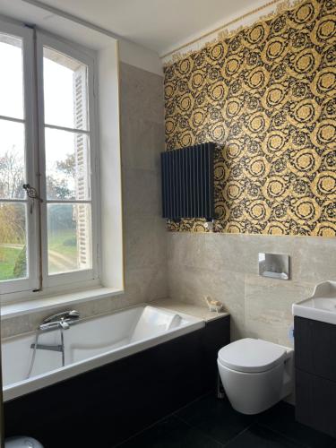 une salle de bain avec baignoire et toilettes et une fenêtre dans l'établissement Chateau de la Brillere, à Verrières