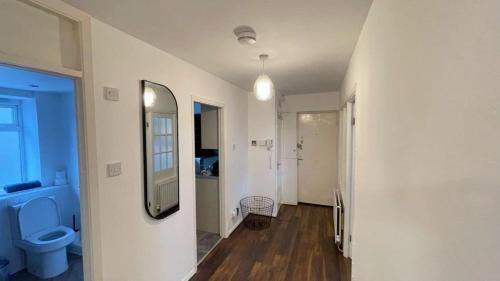 a bathroom with a blue toilet and a mirror at Spacious 3-bed apartment close to Birmingham City with free parking with Netflix contractor stays welcome in Birmingham
