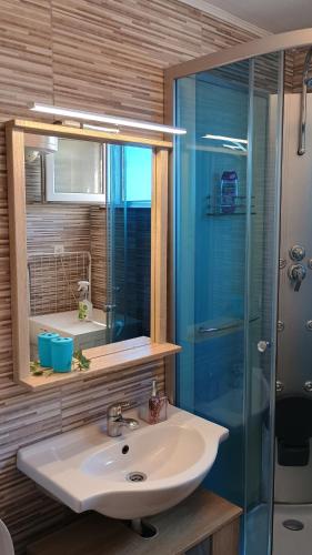 a bathroom with a sink and a glass shower at Moon Light-free parking in Rijeka