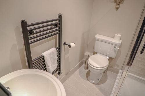 a small bathroom with a toilet and a sink at Bridge End Hotel in Llangollen