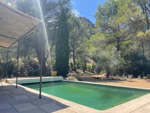 - une piscine dans une cour avec une fontaine dans l'établissement Mazet Rigodon Alpilles, à Eygalières